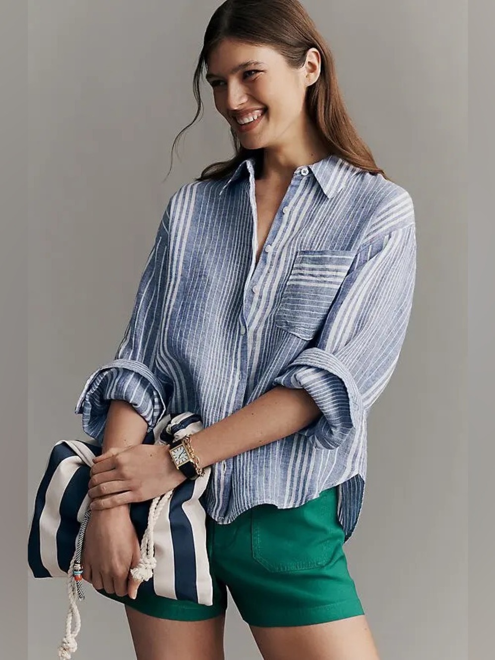 NWT Anthropologie Maeve Shrunken Bennet Linen Buttondown Shirt Blue Stripe